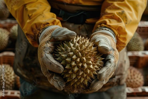 A close-up of hands wearing gloves to handle a durian emphasizing its formidable spiky exterior