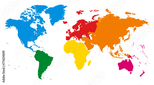 Map of the world with individual colors for each continent, isolated on transparent or white background. Detailed world map, vector illustration.