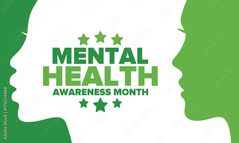 Mental Health Awareness Month in May. Annual campaign in United States. Raising awareness of mental health. Control and protection. Prevention campaign. Medical health care design. Vector illustration