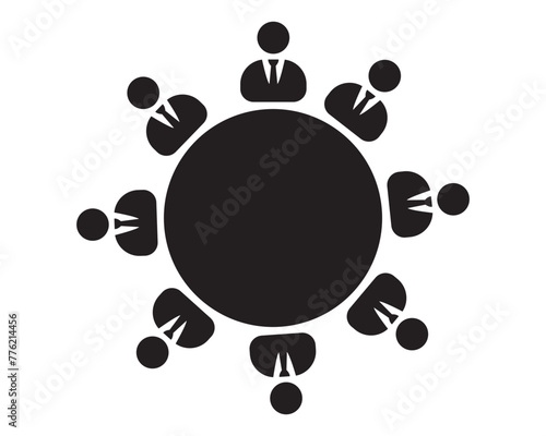 Business meeting icon. Group of aight people sitting a Round table brainstorming and working together on new creative projects. Top view vector design. Conference session. photo