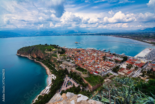 View from Palamidi on Nafplio city in Greece with port, Bourtzi fortress, and blue Mediterranean sea