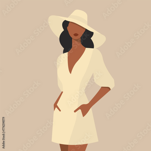 Vector flat fashion illustration of a beautiful young African woman wearing a stylish hat and dress with pockets. Stylish art in natural shades.
