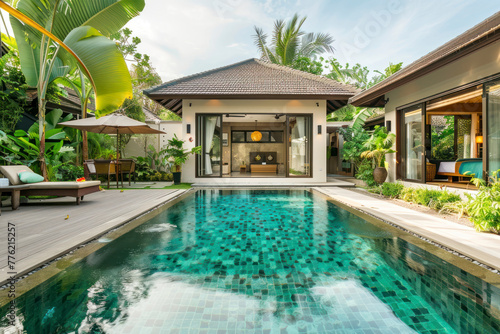 Wallpaper Mural House building Exterior and interior design showing tropical pool villa with green garden and bedroom. Torontodigital.ca