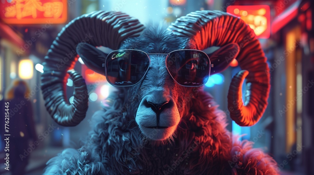 Naklejka premium In the heart of a bustling urban landscape, a wild ram stands out amidst the chaos, sporting dark sunglasses that shield its eyes from the blinding neon lights.