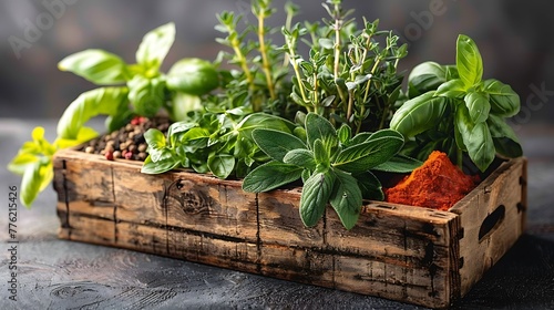 fresh herbs in a wooden box