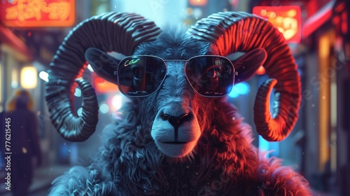 In the heart of a bustling urban landscape, a wild ram stands out amidst the chaos, sporting dark sunglasses that shield its eyes from the blinding neon lights. photo