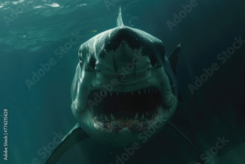 Ocean shark with open toothy dangerous mouth with many teeth. Underwater blue sea clear water. AI Generated