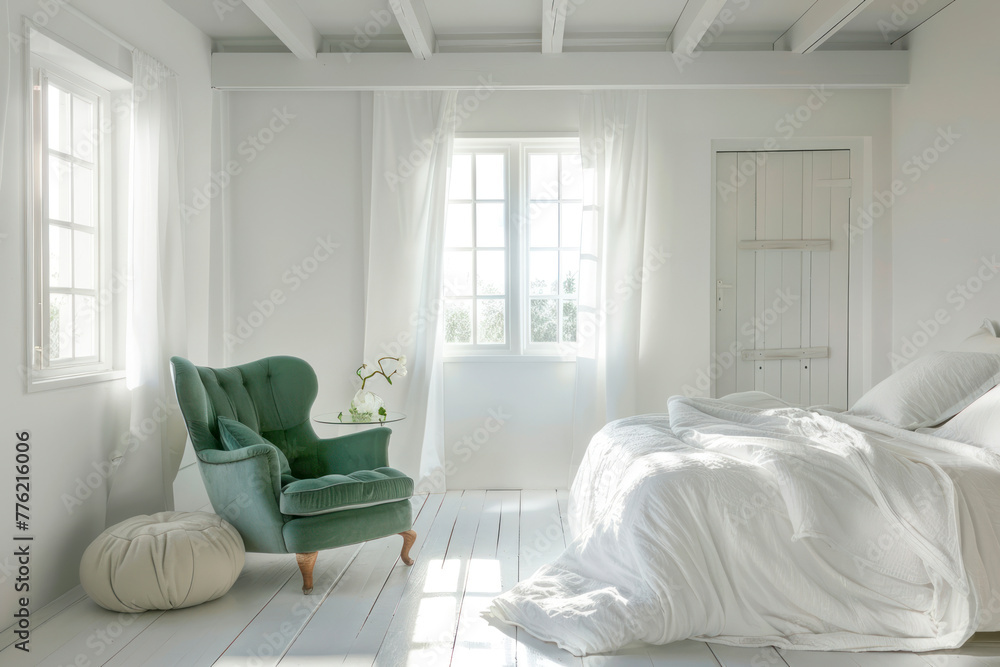 Fototapeta premium White bedroom with kale green armchair, pouf and double bed.