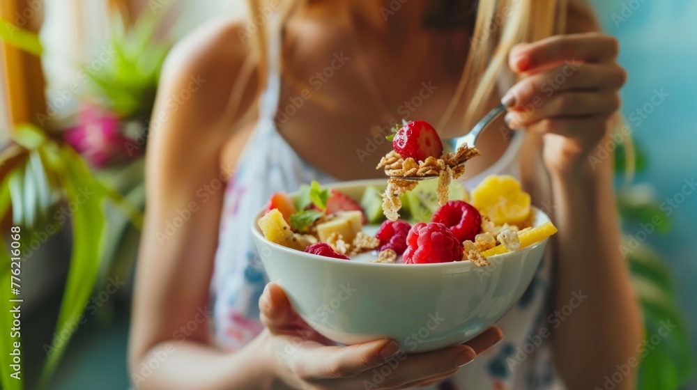 women eating a bowl of fruit for breakfast generative ai women eating a bowl of fruit for breakfast generative ai