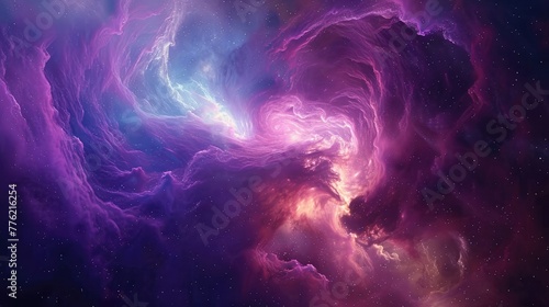 A mesmerizing cosmic nebula with swirling hues of vibrant purples, blues, and pinks, evoking a sense of awe and wonder in the vastness of space.