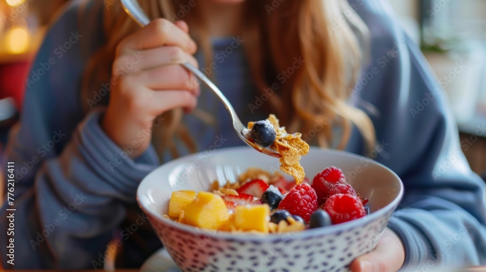 women eating a bowl of fruit for breakfast generative ai women eating a bowl of fruit for breakfast generative ai