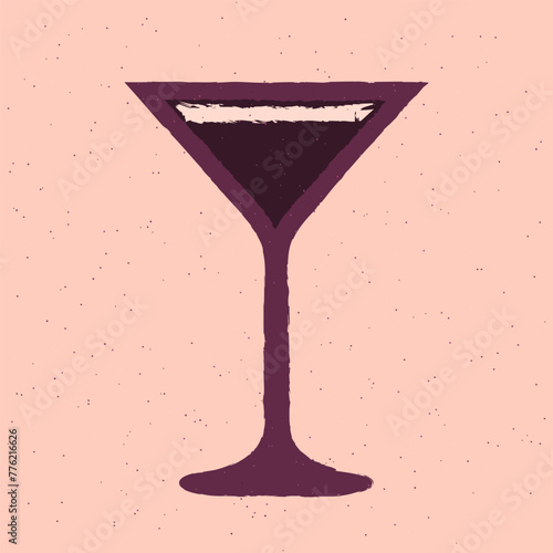 Dark purple cocktail with cream. Refreshing mocktail. Alcohol drink for bar. Cold soft liquid in martini glass. Stemware glass. Non-alcoholic beverage. Flat vector illustration with texture