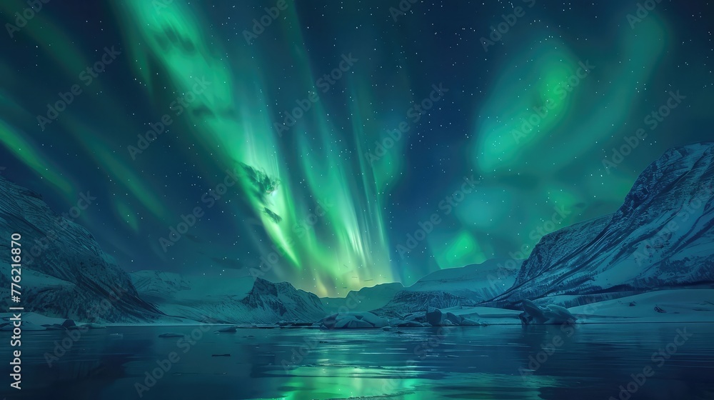 A mesmerizing display of the Northern Lights dancing across the night sky, painting it with hues of green, blue, and purple.