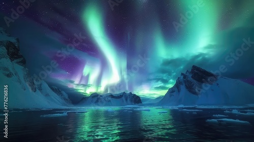 A mesmerizing display of the Northern Lights dancing across the night sky  painting it with hues of green  blue  and purple.