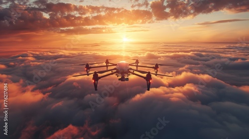 Drone flight over dreamy cloudscape at dusk