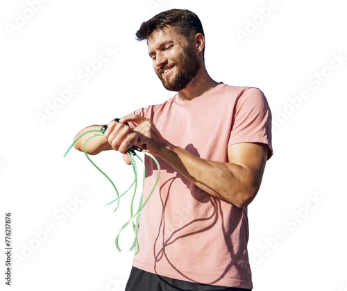 A male trainer uses a cardio fitness watch, workout warm-up in sportswear. Isolated background.