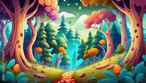 Oil painting style Cartoon background illustration with trees and the forest
