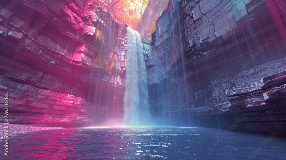 Holographic waterfall cascading the surrealism  - obrazy, fototapety, plakaty 