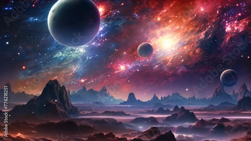 Fantasy alien planet. Mountain and nebula. 3D illustration, A dreamy galaxy scape with swirling stars and planets, AI Generated photo