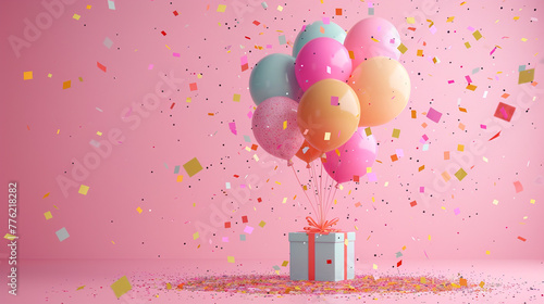 A captivating composition featuring vibrant balloons, a beautifully wrapped gift box, and shimmering confetti arranged on a chic pink background. Perfect for celebratory occasions. 32K.