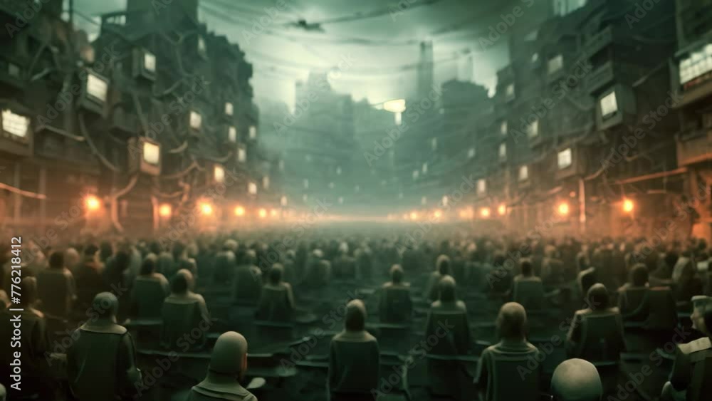 Conceptual image of a group of people sitting on the street and watching a movie, A dystopian scene of communication being controlled by an authoritarian regime, AI Generated Conceptual image of a group of people sitting on the street and watching a movie, A dystopian scene of communication being controlled by an authoritarian regime, AI Generated