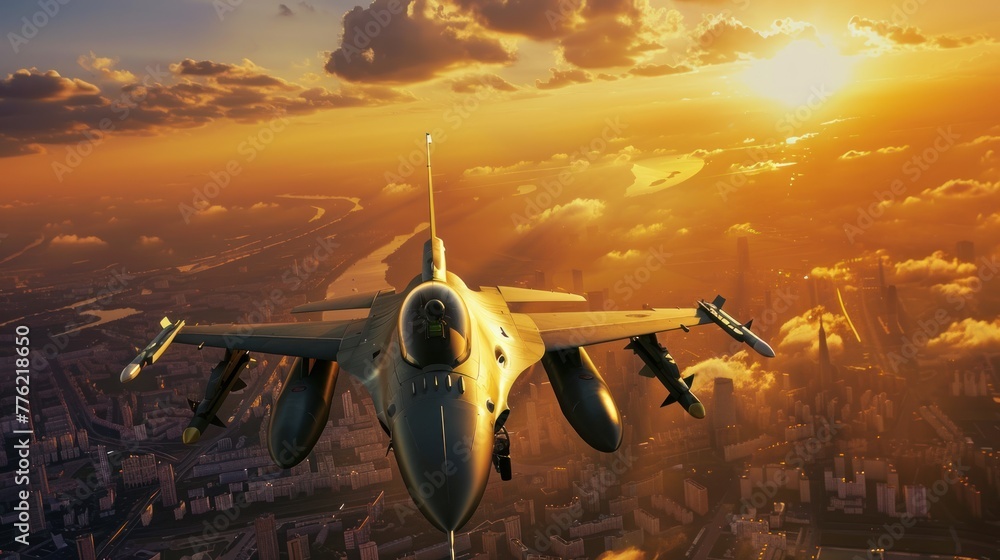 fighter jets fly over the city at sunset
