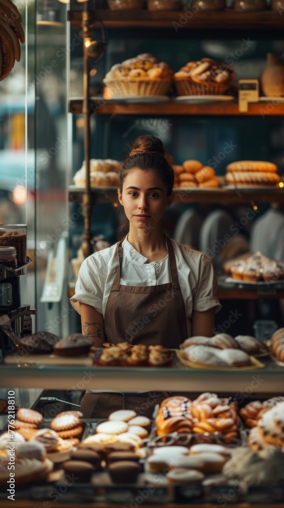 Young girl businesswoman baker in her bakery store, small business