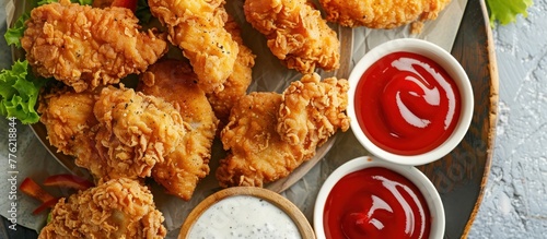 Fried chicken tenders with tomato sauce at the table