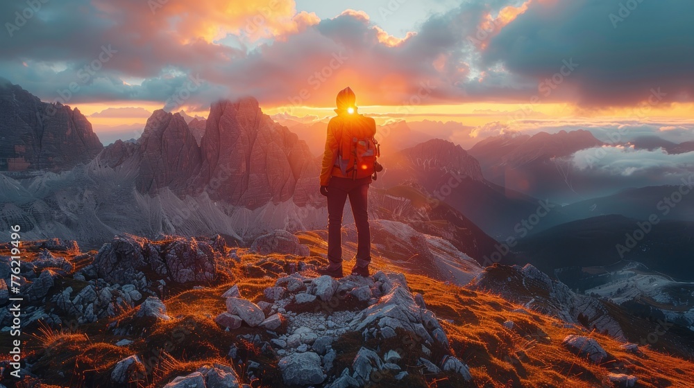 Traveler traveling alone in Mountains landscape at sunrise Traveling adventure concept Nomad Travel Lifestyle