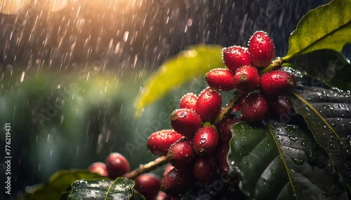 galho com grãos de café molhados na chuva, lavoura ao fundo, agro photo