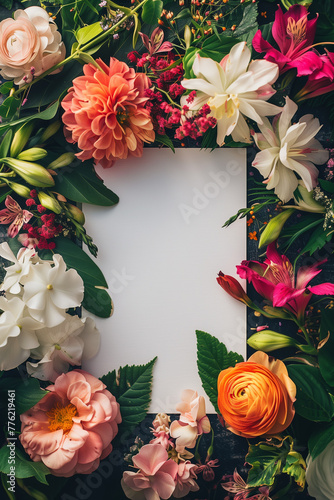 Overhead view of vibrant floral arrangement with blank space.