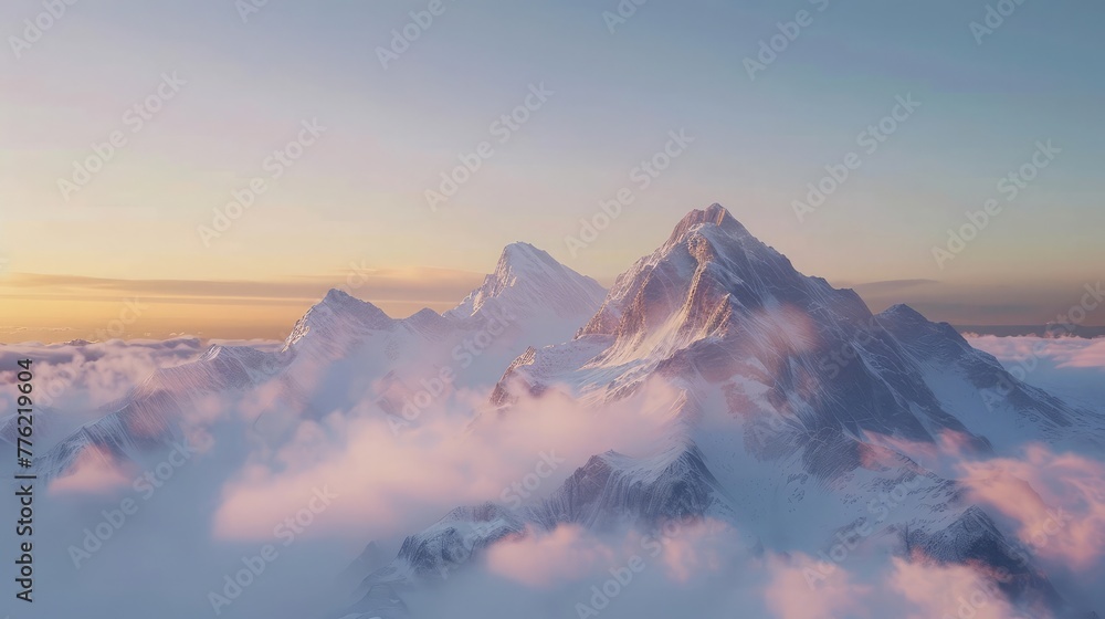 A panoramic shot of a snow-capped mountain range bathed in the soft glow of dawn, with mist rising from the valleys below.