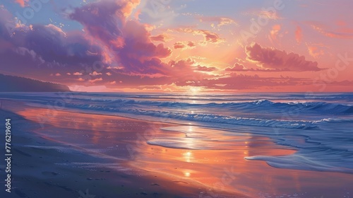 A peaceful beach at sunset, where the sky ignites in fiery hues and the gentle waves kiss the shore in a dance of farewell to the day.