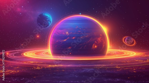 Bright colorful planet with glowing neon rings. Abstract solar system with planets and stars in orbit. Meteorites and comets. Space futuristic creative design. © hazia