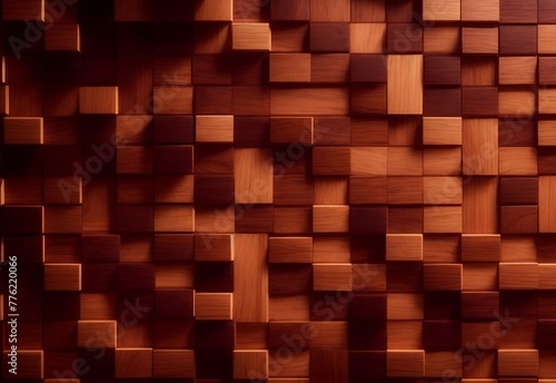 A detailed closeup of a hardwood wall featuring small rectangular wooden squares. Wooden background wall from cubes