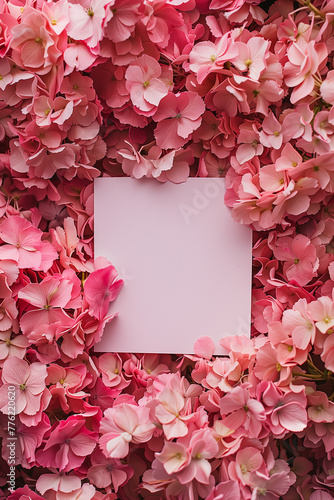 Top View Pink Hydrangea Blank Invitation. Top view of pink hydrangea flowers with central blank space for text