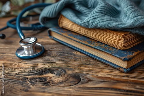 Closeup medical stethoscope and text book isolated on wooden table background. Space for text photo