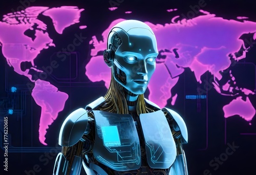 Humanoid robot with white and gray plating against a neon world map