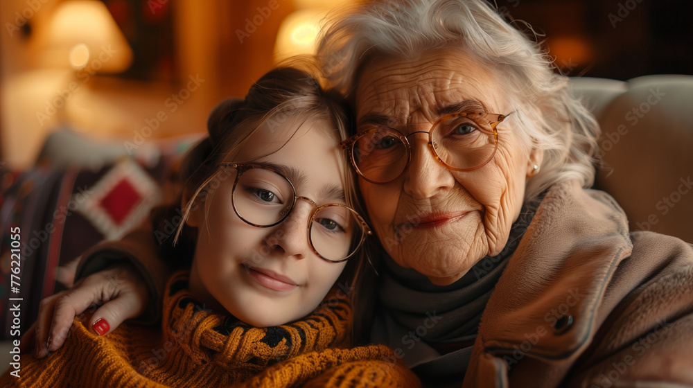 El amor de nieta a su abuela en una imagen enternecedora llena de cariño familiar y ambiente acogedor del hogar. - obrazy, fototapety, plakaty 