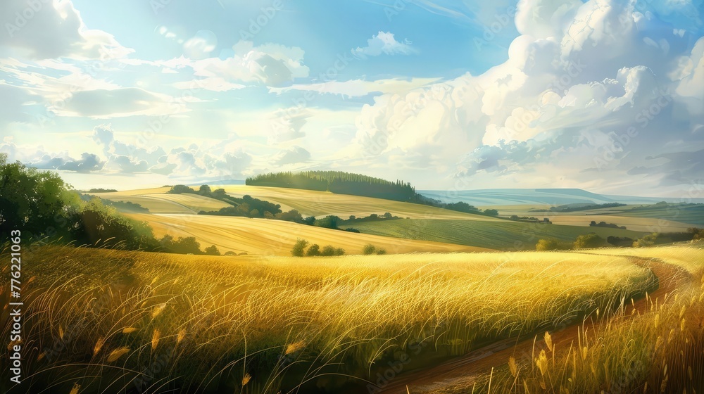 A peaceful countryside vista, where fields of gold stretch to meet the endless horizon, a scene of pastoral serenity.