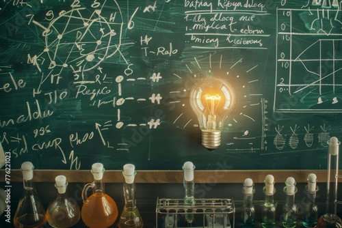 Overhead shot of the idea bulb on a bench amidst scientific equipment, beakers, and complex formulas on a chalkboard. Highlighting the intersection of creativity and scientific exploration.