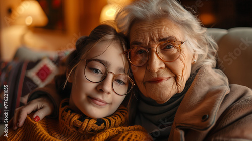 El amor de nieta a su abuela en una imagen enternecedora llena de cariño familiar y ambiente acogedor del hogar. photo