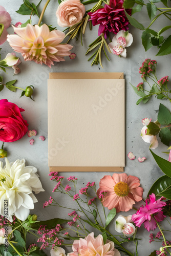 Top view of a flat lay floral arrangement around a blank card, ideal for invitations or greetings.
