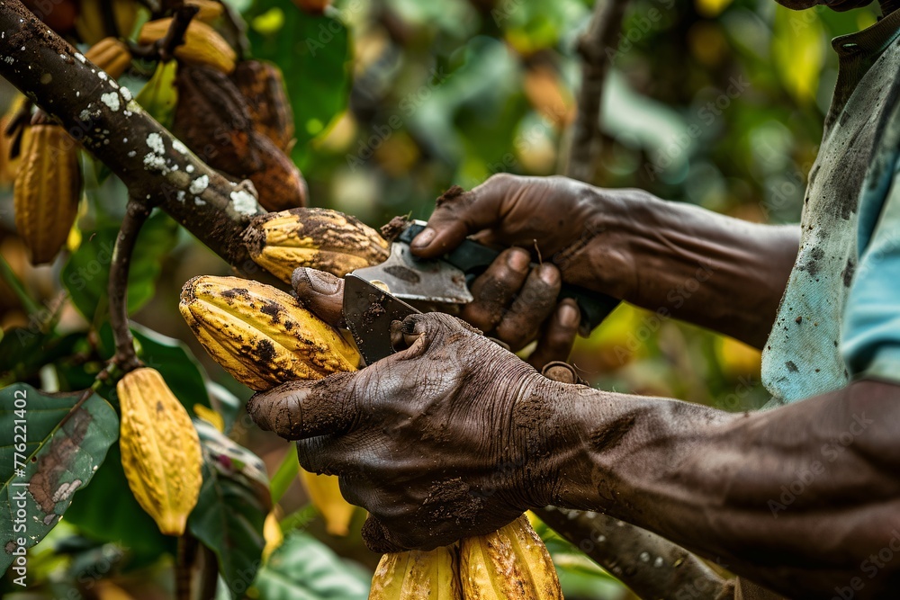 The diligent work of a cocoa farmer, expertly harvesting ripe yellow cocoa pods with pruning shears, showcasing the heart of the agricultural cocoa business