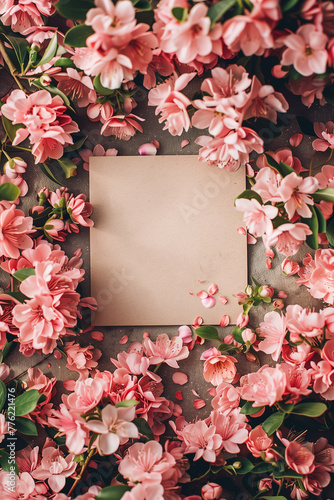 Top view of pink blossoms with a blank paper card, ideal for romantic occasions.