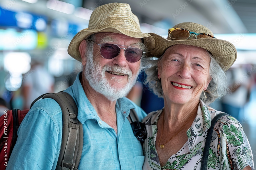 Mature couple smiling while waiting for their flight, at the airport boarding lounge.