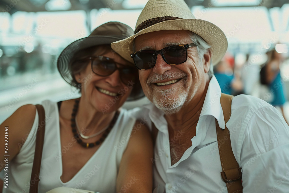 happy retired couple sitting at the airport waiting to board their flight
