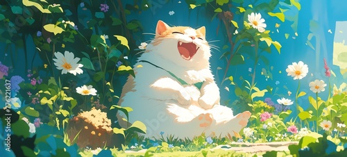 cute happy fat cat in springtime with flower blossoming,  Ai Generated