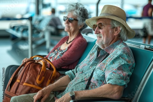 retired couple sitting at the airport waiting for their flight