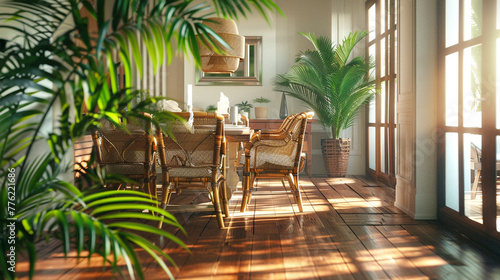 A picturesque dining room setting with an Areca palm as a focal point, surrounded by a cozy rattan dining set and a polished wooden table, creating a welcoming ambiance on a wooden floor. 8K.